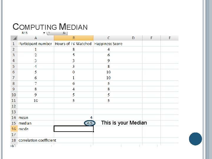 COMPUTING MEDIAN Type in “=median(“ Select the numbers by dragging it Press “Enter” key