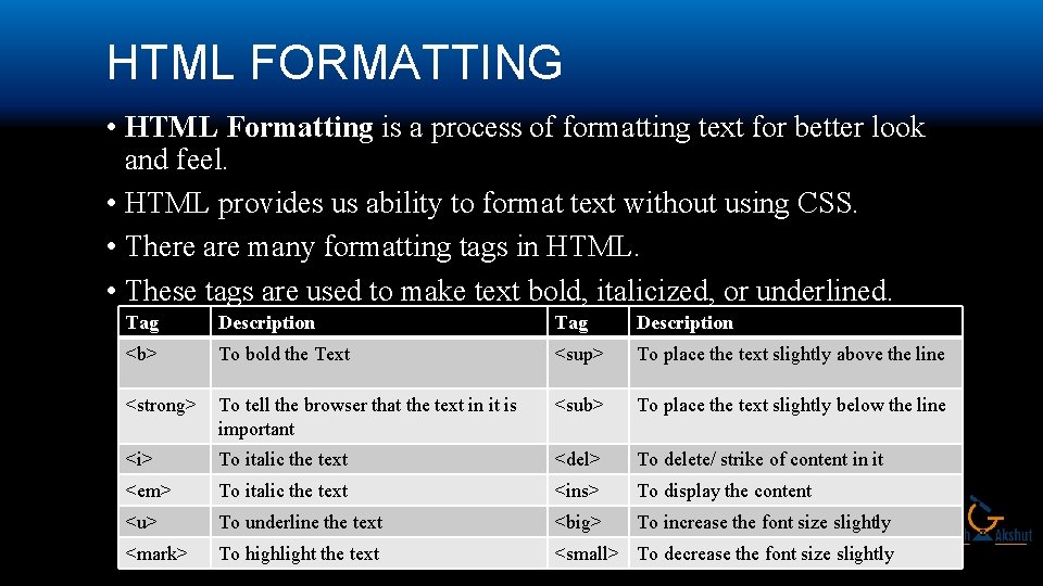 HTML FORMATTING • HTML Formatting is a process of formatting text for better look