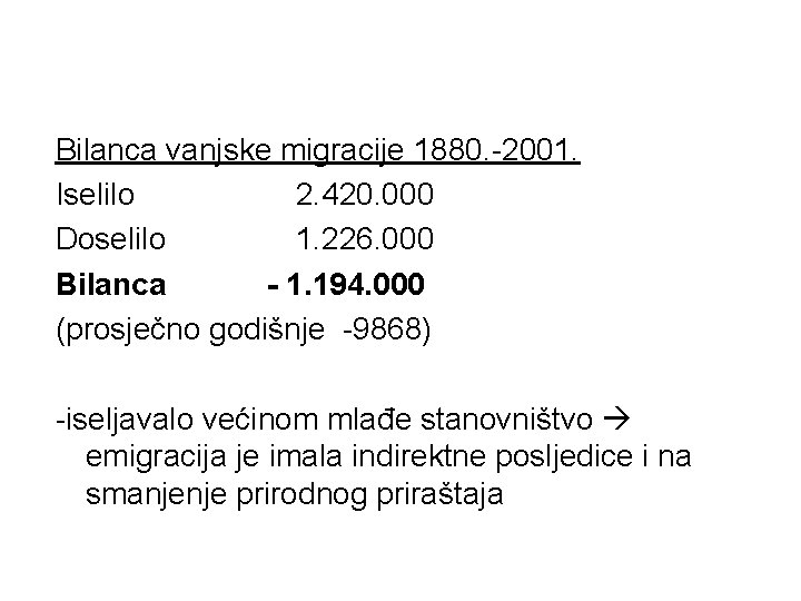 Bilanca vanjske migracije 1880. -2001. Iselilo 2. 420. 000 Doselilo 1. 226. 000 Bilanca