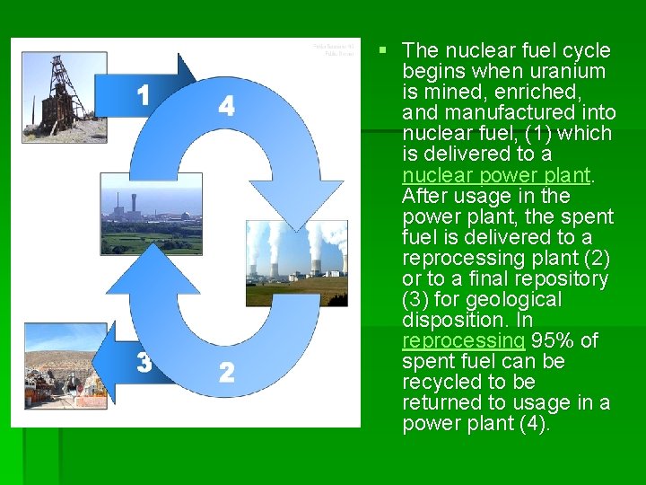 § The nuclear fuel cycle begins when uranium is mined, enriched, and manufactured into