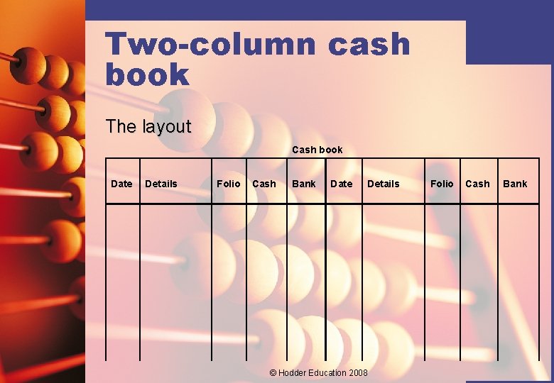 Two-column cash book The layout Cash book Date Details Folio Cash Bank Date Details