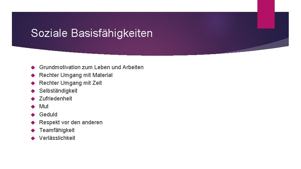 Soziale Basisfähigkeiten Grundmotivation zum Leben und Arbeiten Rechter Umgang mit Material Rechter Umgang mit