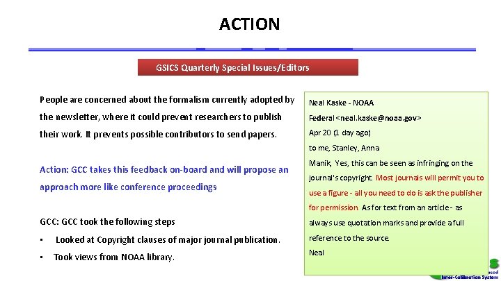 ACTION GSICS Quarterly Special Issues/Editors People are concerned about the formalism currently adopted by