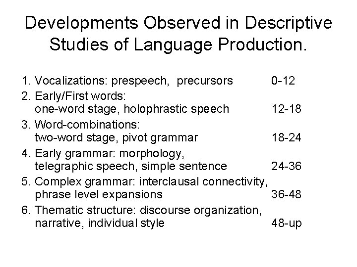Developments Observed in Descriptive Studies of Language Production. 1. Vocalizations: prespeech, precursors 0 -12