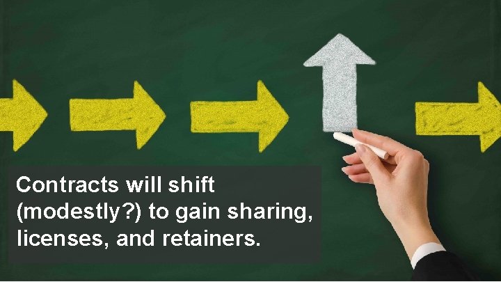 Contracts will shift (modestly? ) to gain sharing, licenses, and retainers. 