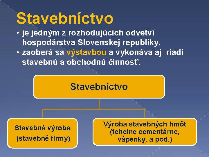 Stavebníctvo • je jedným z rozhodujúcich odvetví hospodárstva Slovenskej republiky. • zaoberá sa výstavbou