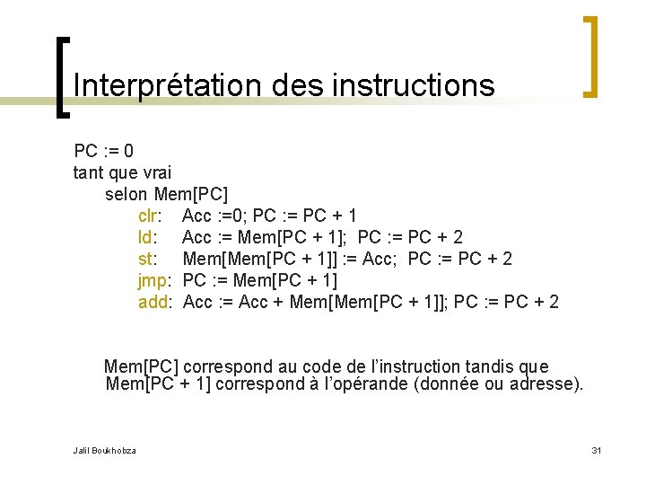 Interprétation des instructions PC : = 0 tant que vrai selon Mem[PC] clr: Acc