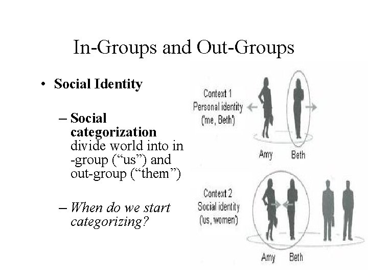 In-Groups and Out-Groups • Social Identity – Social categorization divide world into in -group