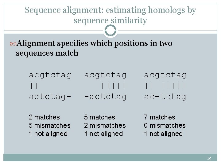 Sequence alignment: estimating homologs by sequence similarity Alignment specifies which positions in two sequences