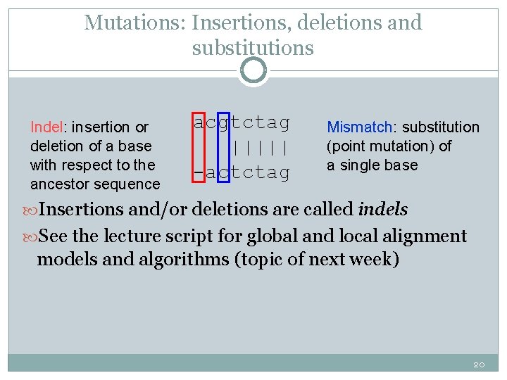 Mutations: Insertions, deletions and substitutions Indel: insertion or deletion of a base with respect