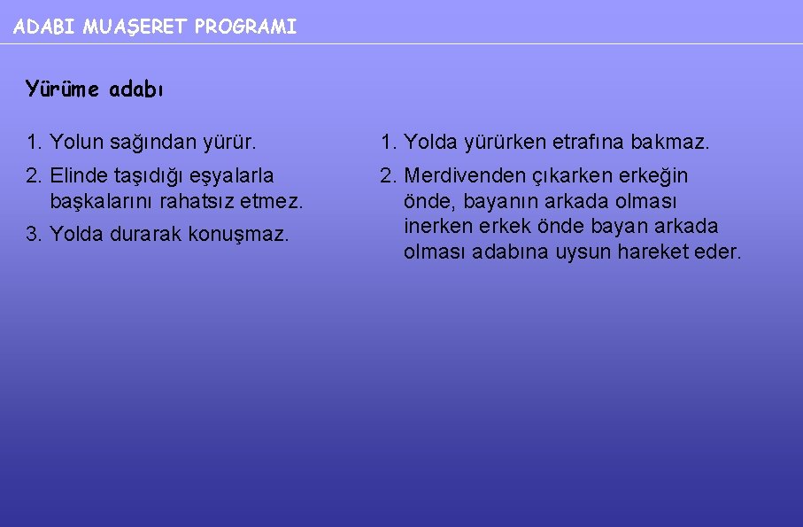 ADABI MUAŞERET PROGRAMI Yürüme adabı 1. Yolun sağından yürür. 1. Yolda yürürken etrafına bakmaz.