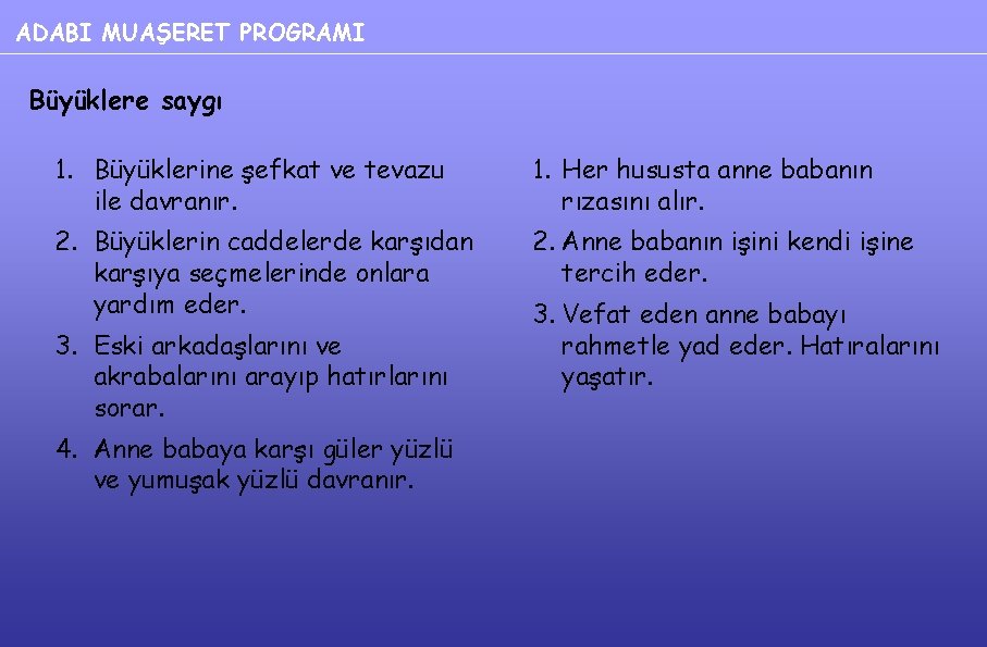 ADABI MUAŞERET PROGRAMI Büyüklere saygı 1. Büyüklerine şefkat ve tevazu ile davranır. 1. Her