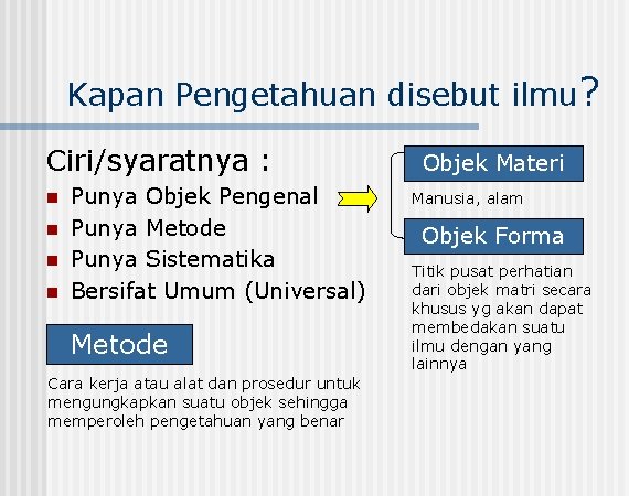 Kapan Pengetahuan disebut ilmu? Ciri/syaratnya : n n Punya Objek Pengenal Punya Metode Punya