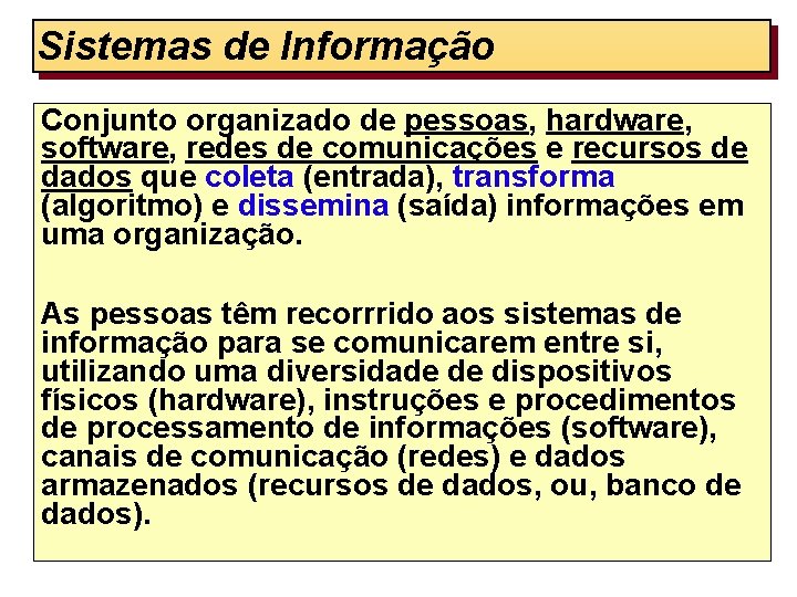 Sistemas de Informação Conjunto organizado de pessoas, hardware, software, redes de comunicações e recursos