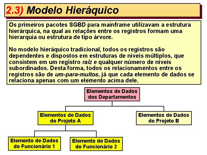 2. 3) Modelo Hieráquico Os primeiros pacotes SGBD para mainframe utilizavam a estrutura hierárquica,