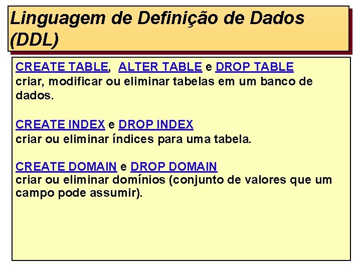 Linguagem de Definição de Dados (DDL) CREATE TABLE, ALTER TABLE e DROP TABLE criar,