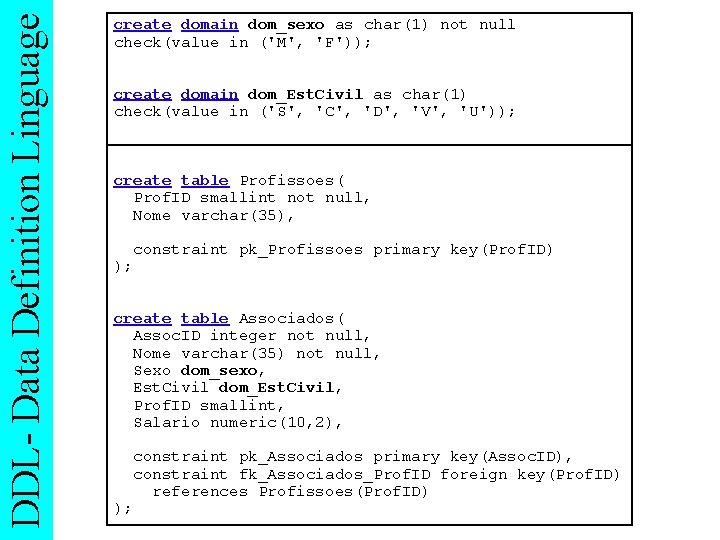 DDL- Data Definition Linguage create domain dom_sexo as char(1) not null check(value in ('M',