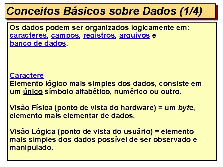 Conceitos Básicos sobre Dados (1/4) Os dados podem ser organizados logicamente em: caracteres, campos,