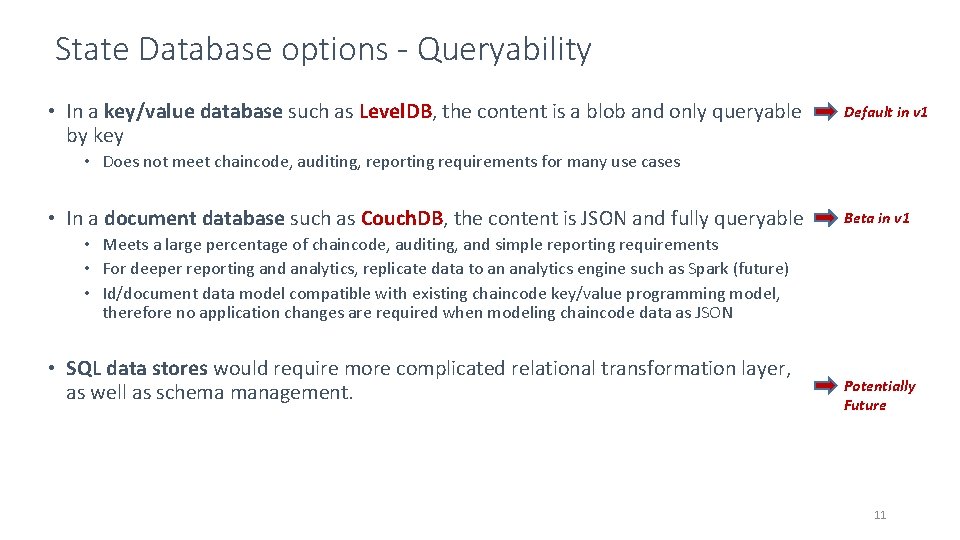 State Database options - Queryability • In a key/value database such as Level. DB,