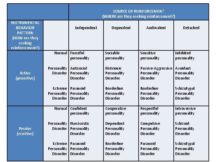  SOURCE OF REINFORCEMENT (WHERE are they seeking reinforcement? ) INSTRUMENTAL BEHAVIOR PATTERN (HOW