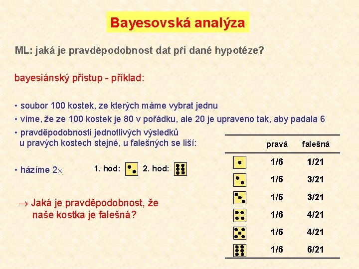 Bayesovská analýza ML: jaká je pravděpodobnost dat při dané hypotéze? bayesiánský přístup - příklad: