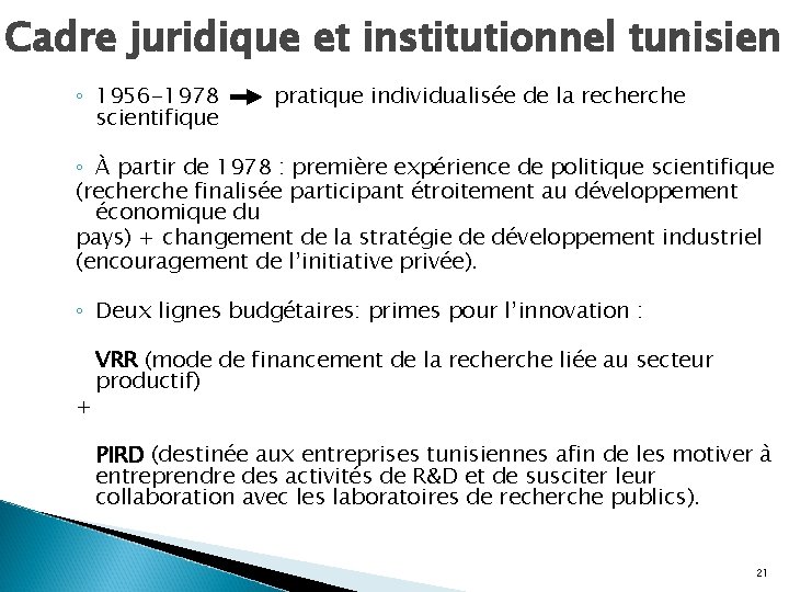 Cadre juridique et institutionnel tunisien ◦ 1956 -1978 scientifique pratique individualisée de la recherche