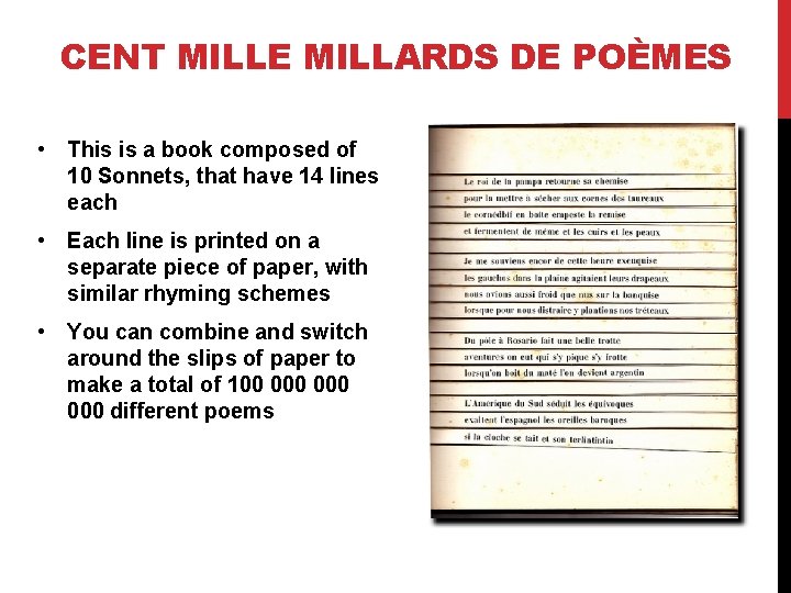CENT MILLE MILLARDS DE POÈMES • This is a book composed of 10 Sonnets,
