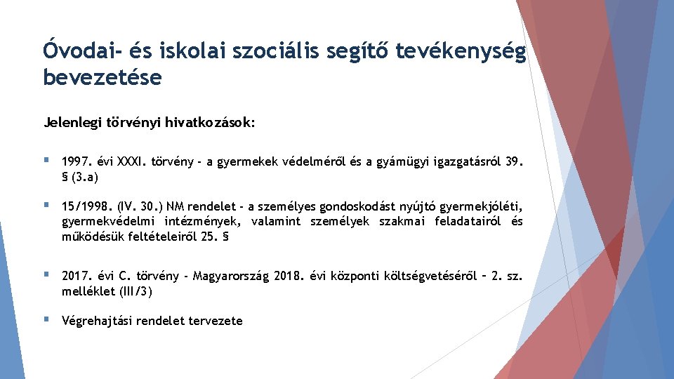 Óvodai- és iskolai szociális segítő tevékenység bevezetése Jelenlegi törvényi hivatkozások: § 1997. évi XXXI.