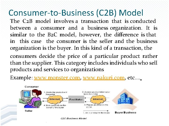 Consumer-to-Business (C 2 B) Model The C 2 B model involves a transaction that