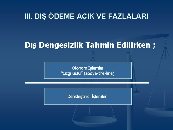 III. DIŞ ÖDEME AÇIK VE FAZLALARI Dış Dengesizlik Tahmin Edilirken ; Otonom İşlemler “çizgi