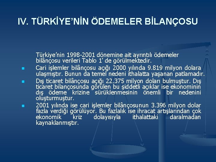 IV. TÜRKİYE’NİN ÖDEMELER BİLANÇOSU n n n Türkiye’nin 1998 -2001 dönemine ait ayrıntılı ödemeler