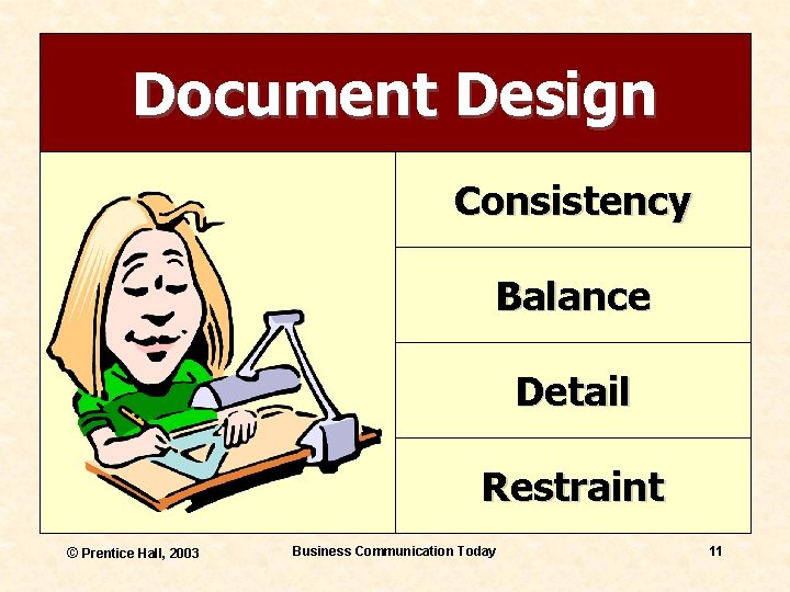 Document Design Consistency Balance Detail Restraint © Prentice Hall, 2003 Business Communication Today 11
