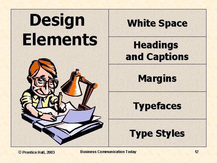 Design Elements White Space Headings and Captions Margins Typefaces Type Styles © Prentice Hall,