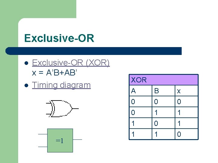 Exclusive-OR l l Exclusive-OR (XOR) x = A’B+AB’ Timing diagram =1 XOR A B