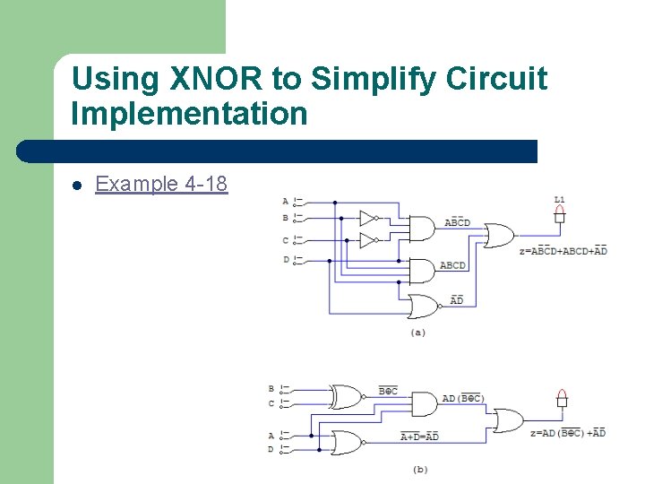 Using XNOR to Simplify Circuit Implementation l Example 4 -18 