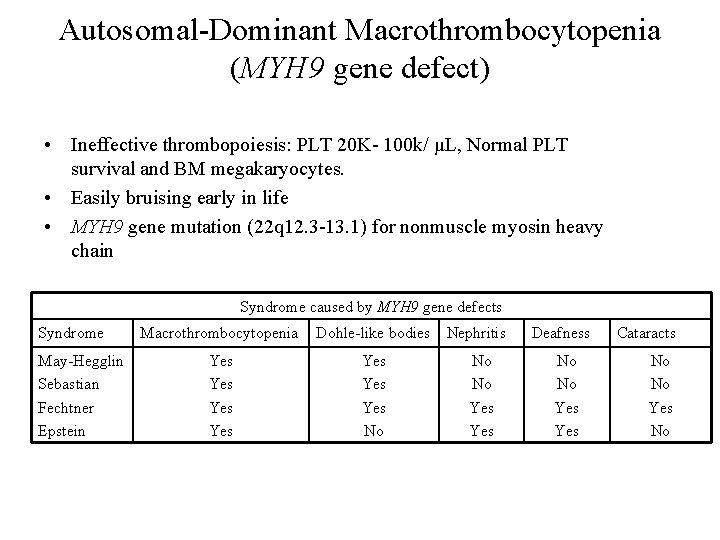 Autosomal-Dominant Macrothrombocytopenia (MYH 9 gene defect) • Ineffective thrombopoiesis: PLT 20 K- 100 k/