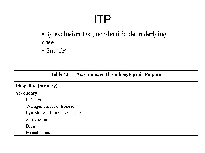 ITP • By exclusion Dx , no identifiable underlying case • 2 nd TP