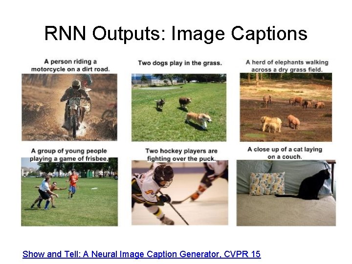 RNN Outputs: Image Captions Show and Tell: A Neural Image Caption Generator, CVPR 15