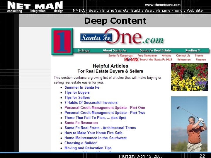 NMIPA - Search Engine Secrets: Build a Search-Engine Friendly Web Site Deep Content Thursday,