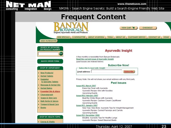 NMIPA - Search Engine Secrets: Build a Search-Engine Friendly Web Site Frequent Content Thursday,