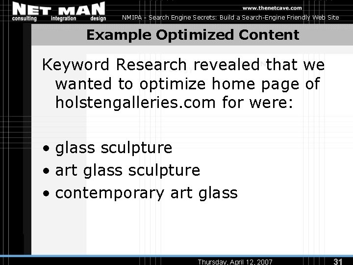 NMIPA - Search Engine Secrets: Build a Search-Engine Friendly Web Site Example Optimized Content