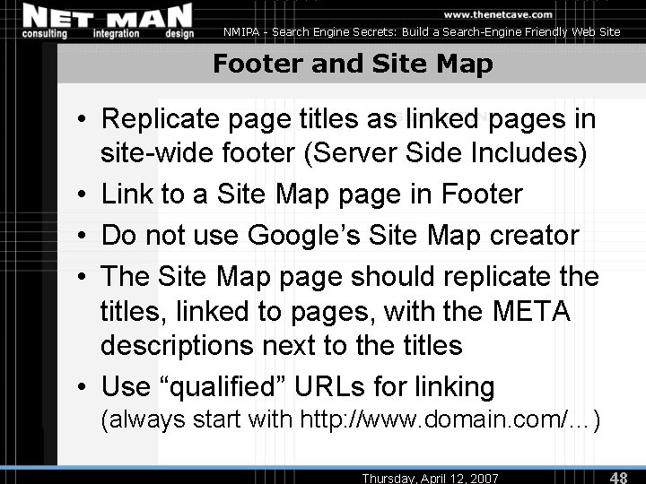 NMIPA - Search Engine Secrets: Build a Search-Engine Friendly Web Site Footer and Site