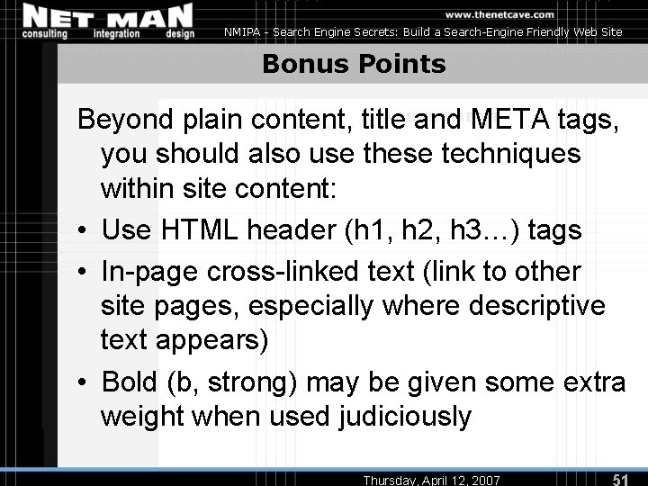 NMIPA - Search Engine Secrets: Build a Search-Engine Friendly Web Site Bonus Points Beyond