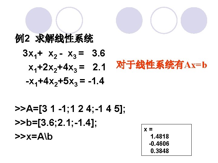 例2 求解线性系统 3 x 1+ x 2 - x 3 = 3. 6 x