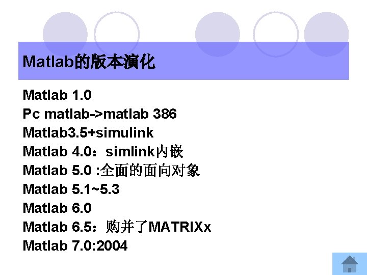Matlab的版本演化 Matlab 1. 0 Pc matlab->matlab 386 Matlab 3. 5+simulink Matlab 4. 0：simlink内嵌 Matlab