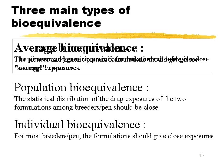 Three main types of bioequivalence Average bioequivalence: : Average The pioneerand andgenericpremix formulations should