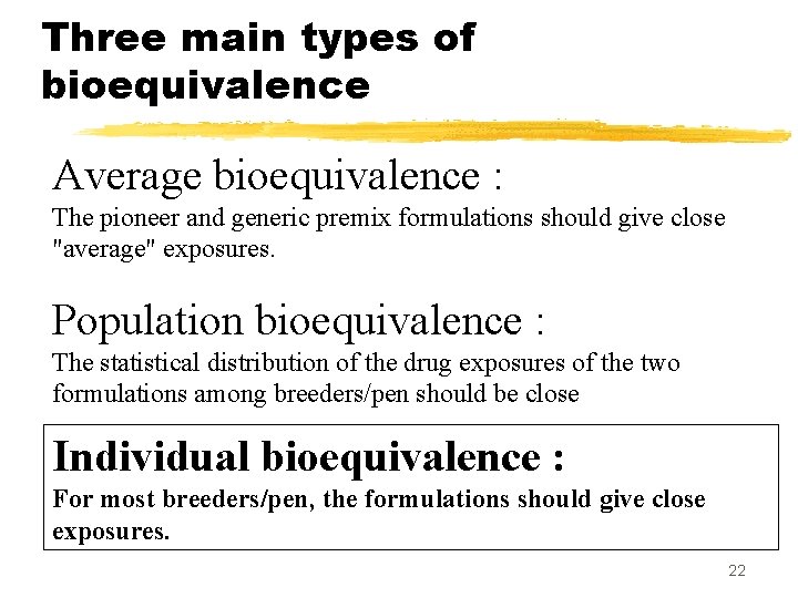 Three main types of bioequivalence Average bioequivalence : The pioneer and generic premix formulations