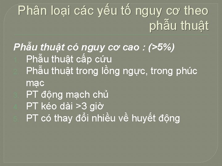 Phân loại các yếu tố nguy cơ theo phẫu thuật Phẫu thuật có nguy