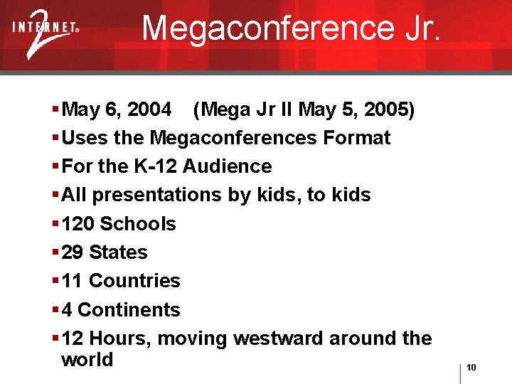 Megaconference Jr. §May 6, 2004 (Mega Jr II May 5, 2005) §Uses the Megaconferences