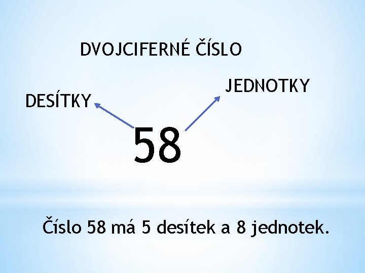 DVOJCIFERNÉ ČÍSLO JEDNOTKY DESÍTKY 58 Číslo 58 má 5 desítek a 8 jednotek. 